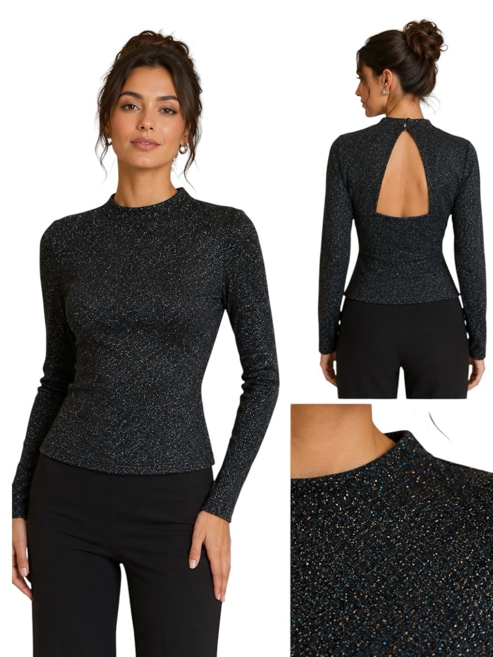 Metallic Black Mock Neck Long Sleeve Top | Shimmer Lurex Open Back Party Glamour